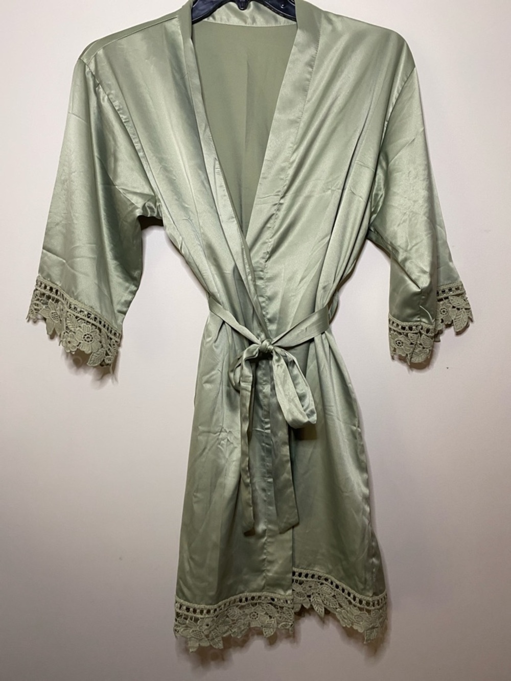 WOMENS Sage green Satin-Look Fabric short robe crochet lace detailed  OSFM